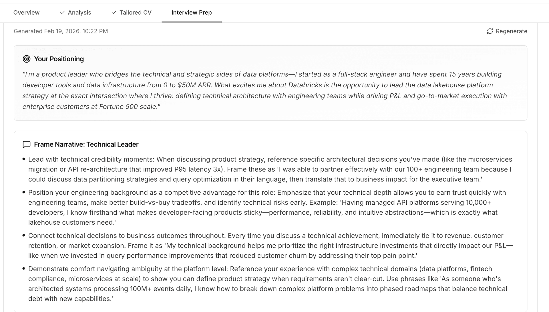 Interview prep showing personalized positioning statement and Frame Narrative with Technical Leader talking points